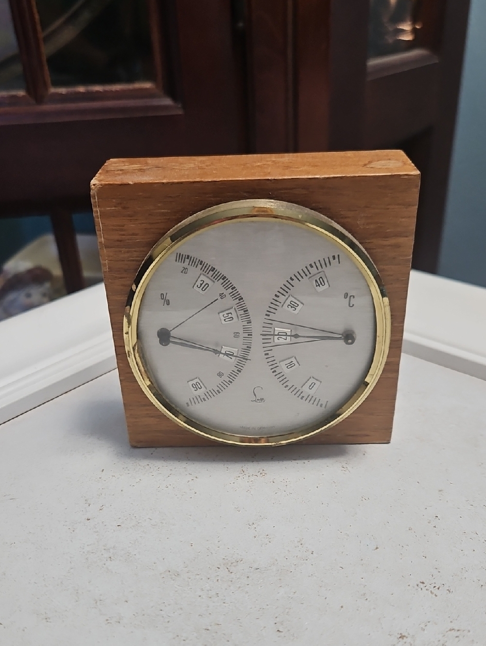 Lufft Vintage Wooden Brass Accent Hygrometer and Thermometer